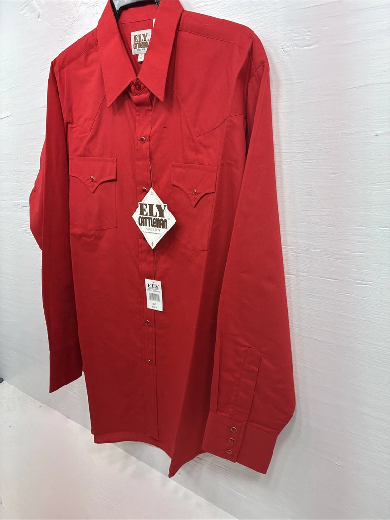 New Men’s ELY Cattleman Red Simple Long Sleeve Pearl Snap 17 X 35 XL M-78