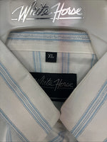 New Women’s White Horse White Blue Stripe Long Sleeve Pearl Snap XL GG-71