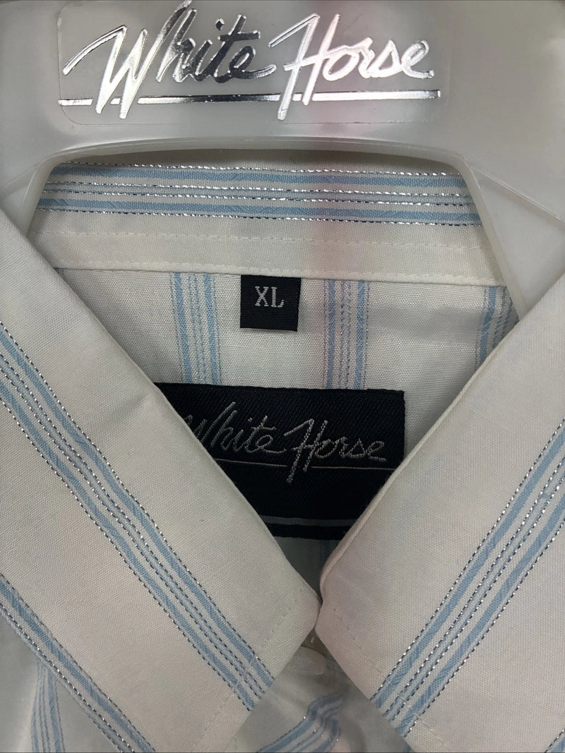 New Women’s White Horse White Blue Stripe Long Sleeve Pearl Snap XL GG-71