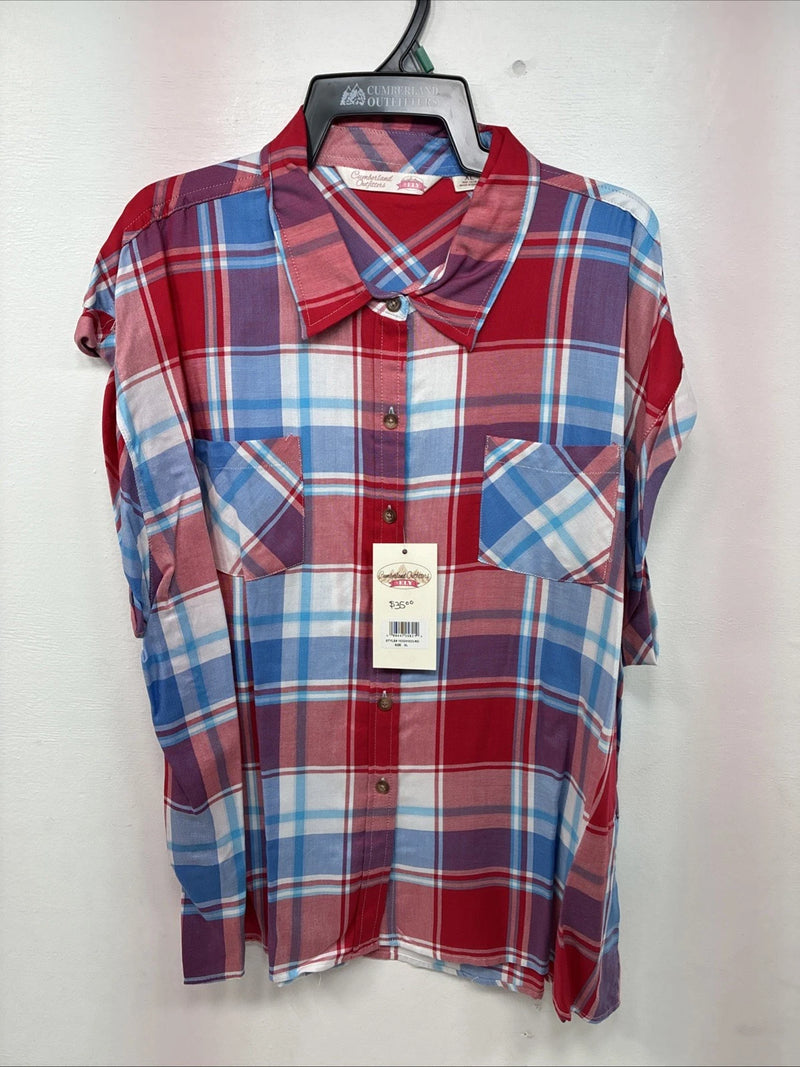 New Women’s Cumberland Red Blue Plaid Short Sleeve Button Up XL GG-21