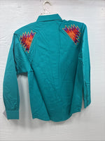 New Men’s Wrangler Teal Western Design Long Sleeve Cover Button Up Small J-49