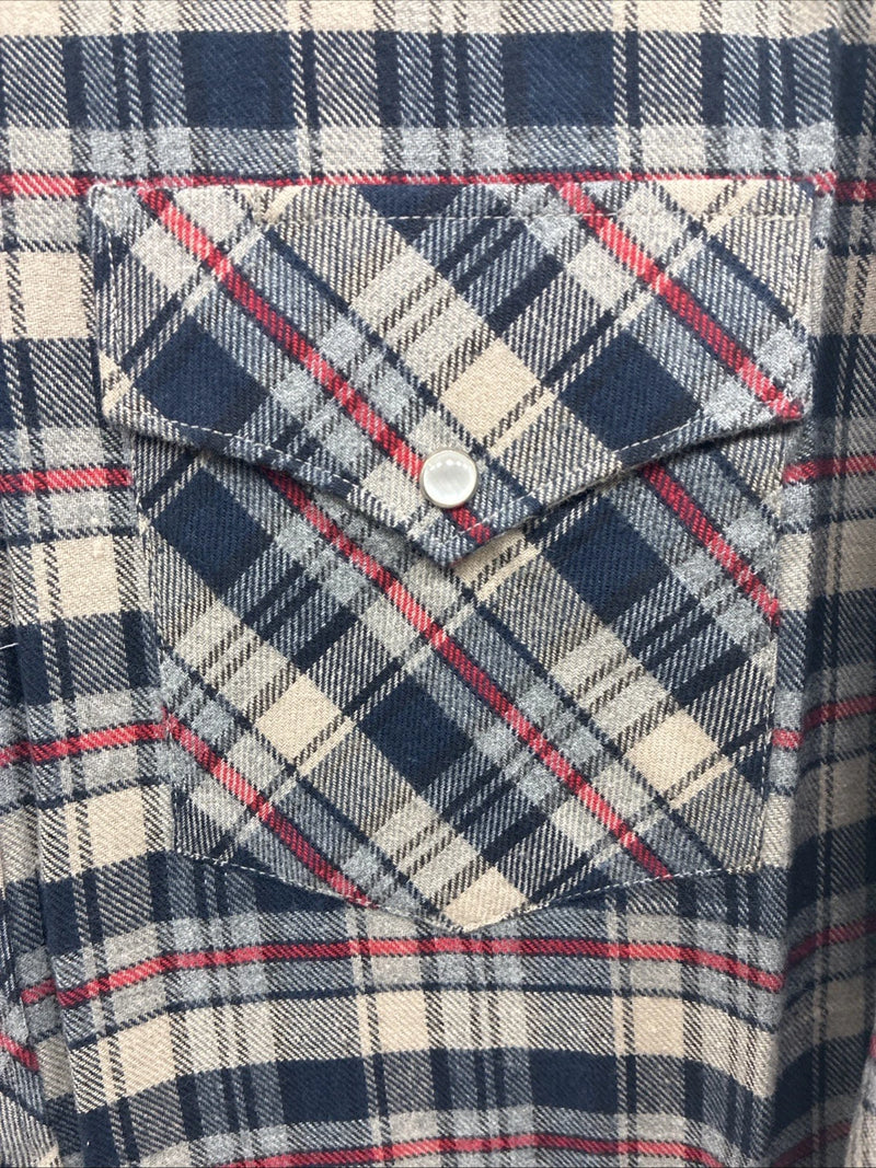 New Men’s White Horse Brown Blue Plaid Long Sleeve Pearl Snap Large V-102