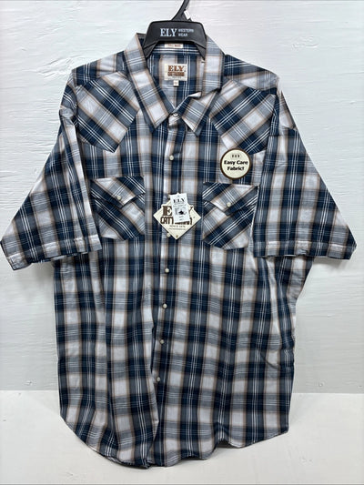 New Men’s ELY Cattleman Blue Tan Flannel Short Sleeve Pearl Snap 4XL E-68