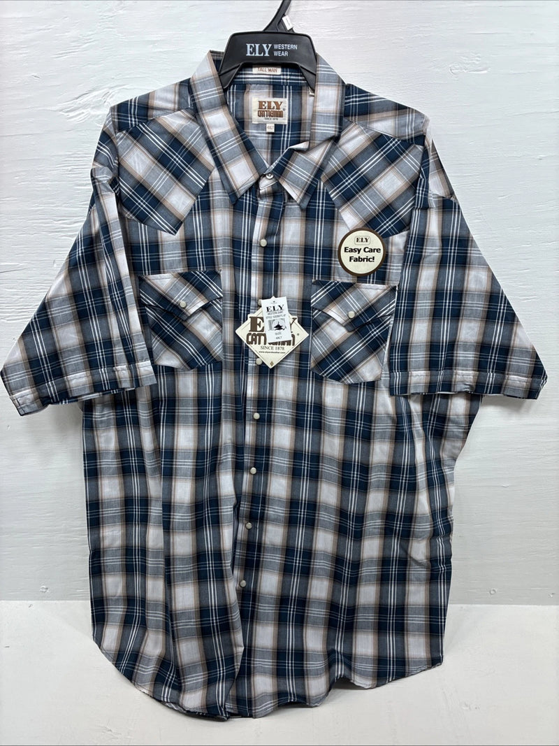 New Men’s ELY Cattleman Blue Tan Flannel Short Sleeve Pearl Snap 4XL E-68