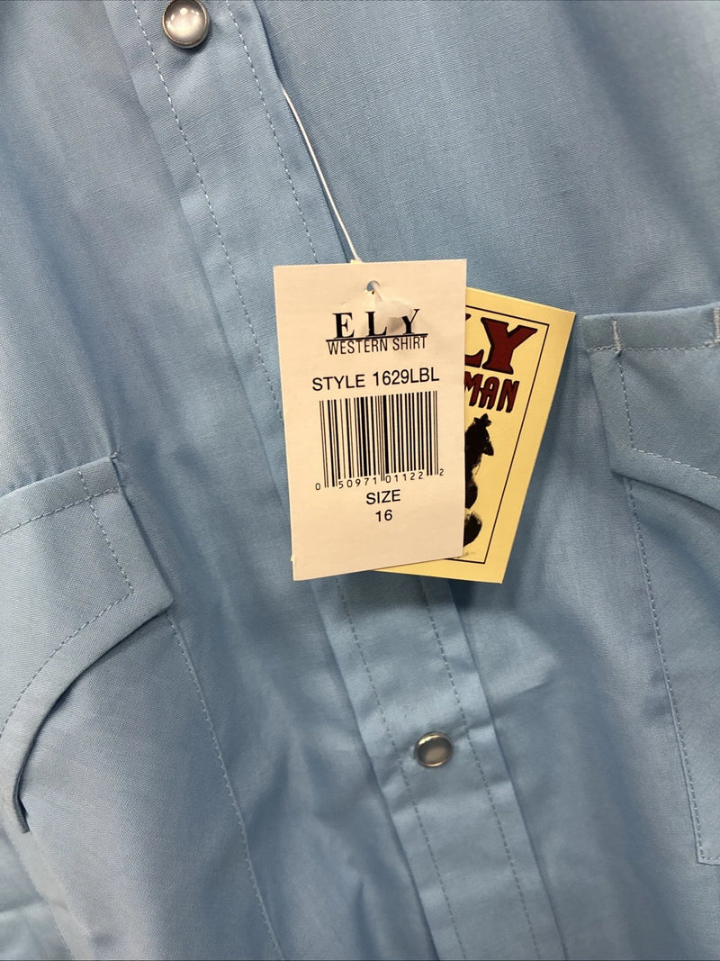 New Men’s ELY Cattleman Blue Short Sleeve Pearl Snap 16 Large AA-107