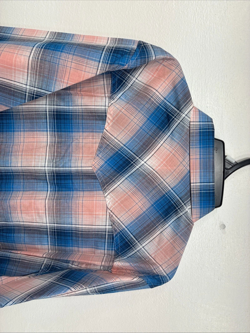 New Women’s Cumberland Pink Blue Plaid Long Sleeve Pearl Snap 1XL Plus GG-68