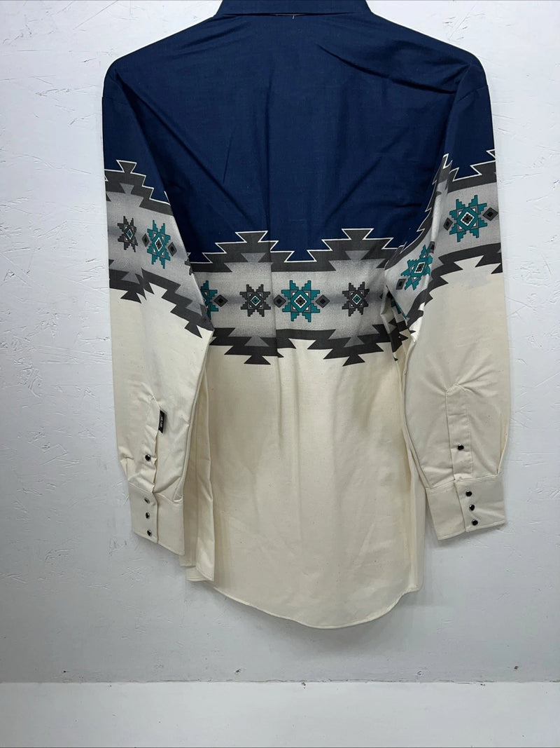 New Men’s Blue White Brooks&Dunn Long Sleeve Pearl Snap Shirt. 16.5x34 L P-63
