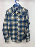 New Kids Panhandle Slim Blue Green Plaid Long Sleeve Pearl Snap Size 10 CC-83