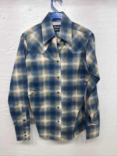 New Kids Panhandle Slim Blue Green Plaid Long Sleeve Pearl Snap Size 10 CC-83
