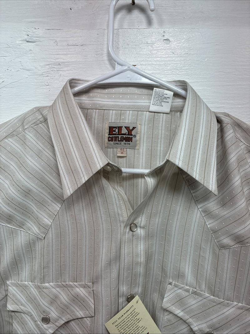New Men’s ELY Cattleman Tan Stripe Long Sleeve Pearl Snap Medium J-97