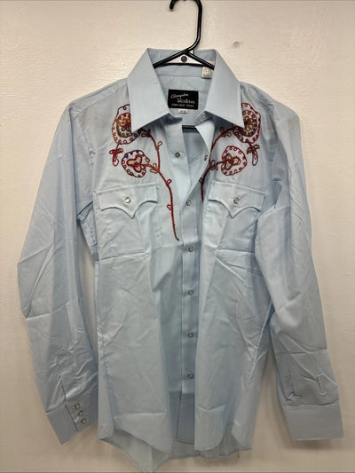 New Women’s Champion Western Blue Design Long Sleeve Pearl Snap Size 15 MM-43