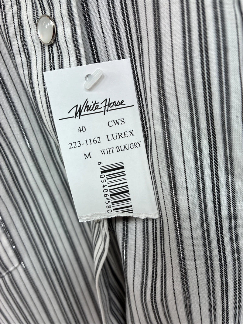 New Women’s White Horse Black White Stripe Long Sleeve Pearl Snap Medium LL-80