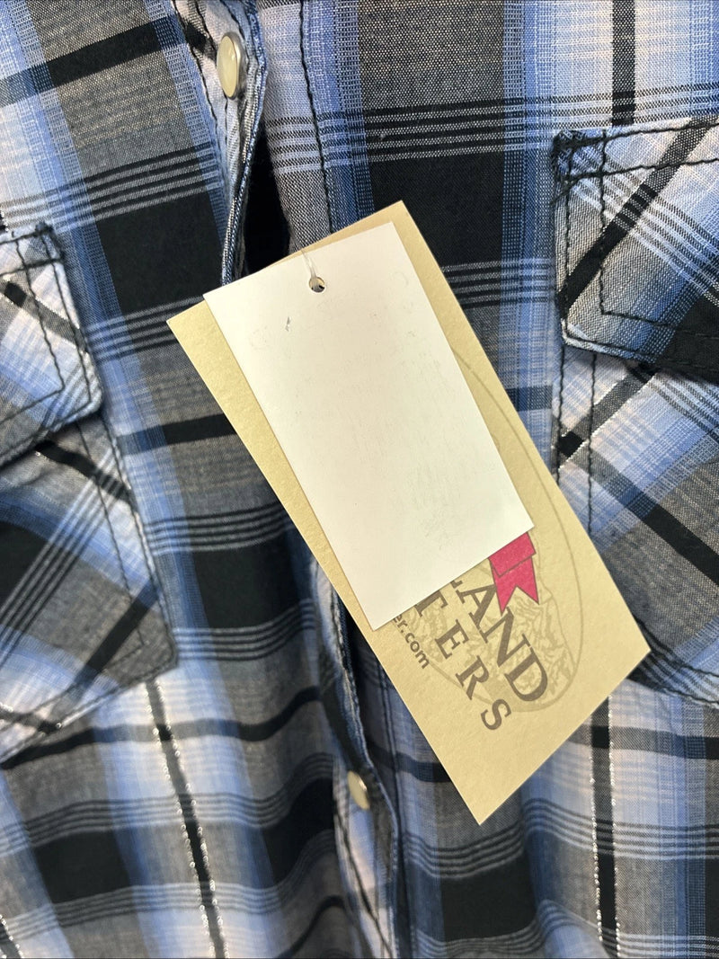 New Women’s Cumberland Blue Black Plaid Long Sleeve Pearl Snap XL GG-64