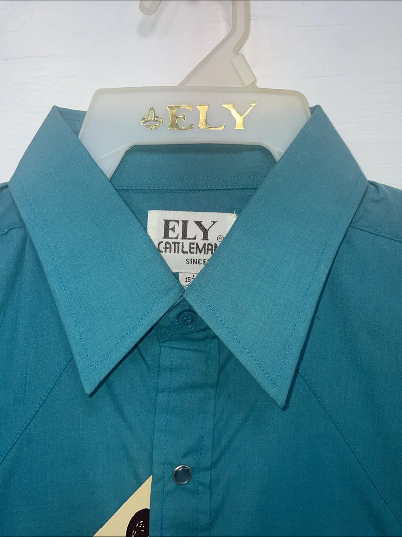 New Men’s ELY Cattleman Teal Long Sleeve Pearl 15.5 X 34 Medium B-103