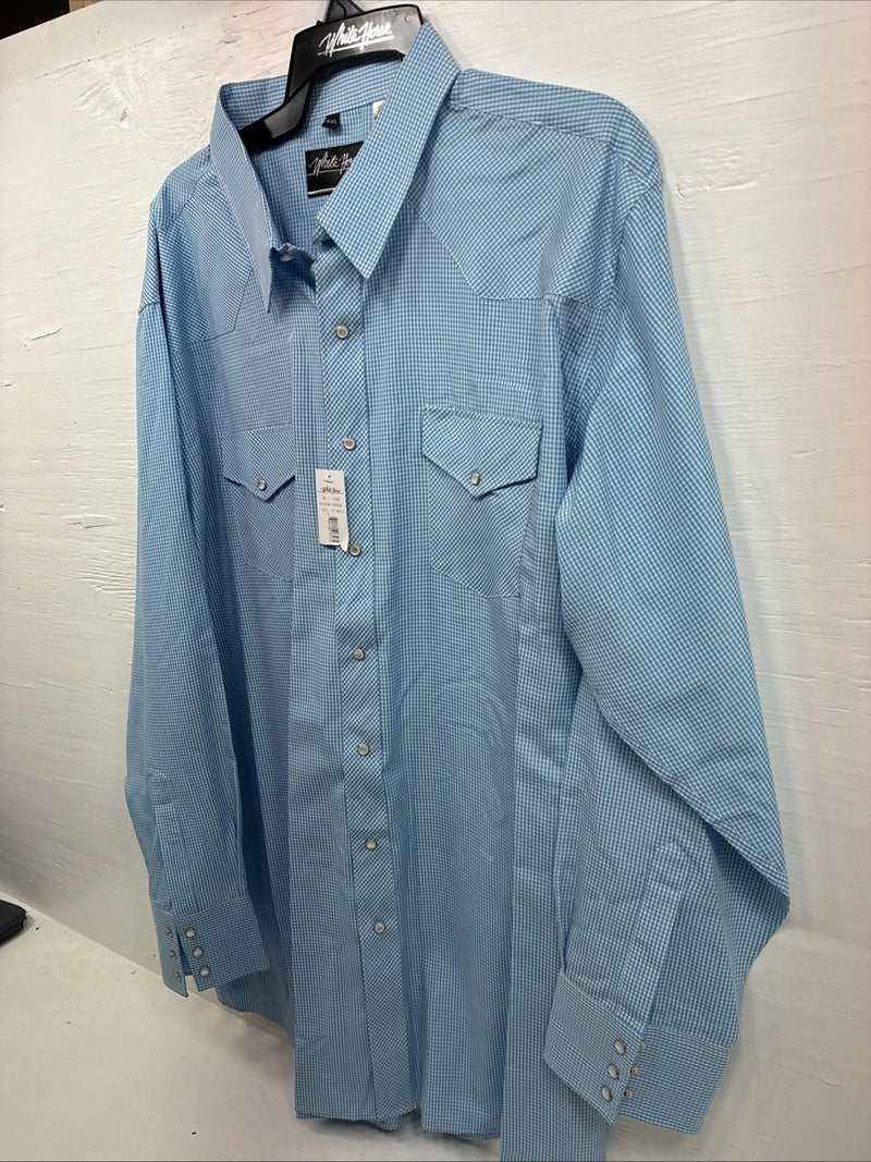 New Men’s White Horse Blue Checkered Long Sleeve Pearl Snap 2XL H-28