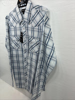 New Men’s ELY 1878 White Blue Plaid Long Sleeve Pearl Snap XL J-38