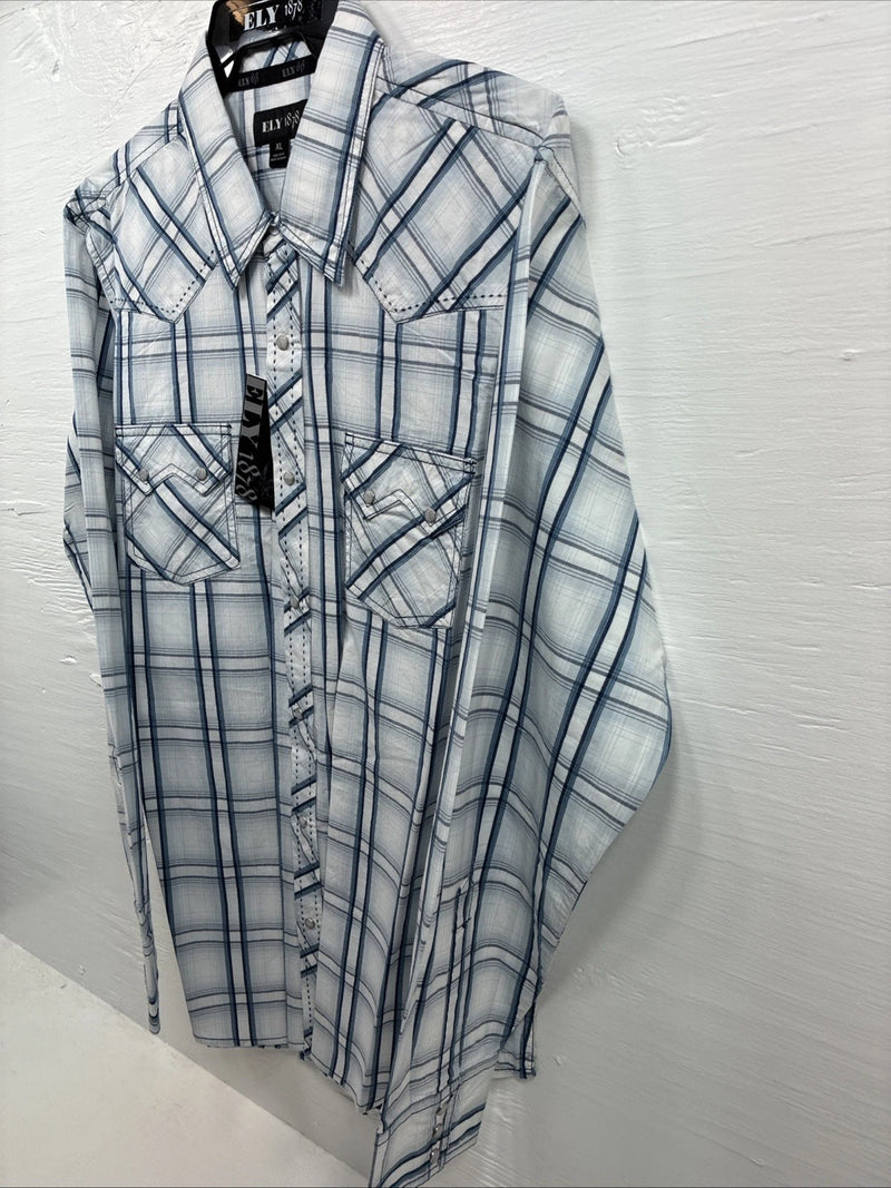New Men’s ELY 1878 White Blue Plaid Long Sleeve Pearl Snap XL J-38