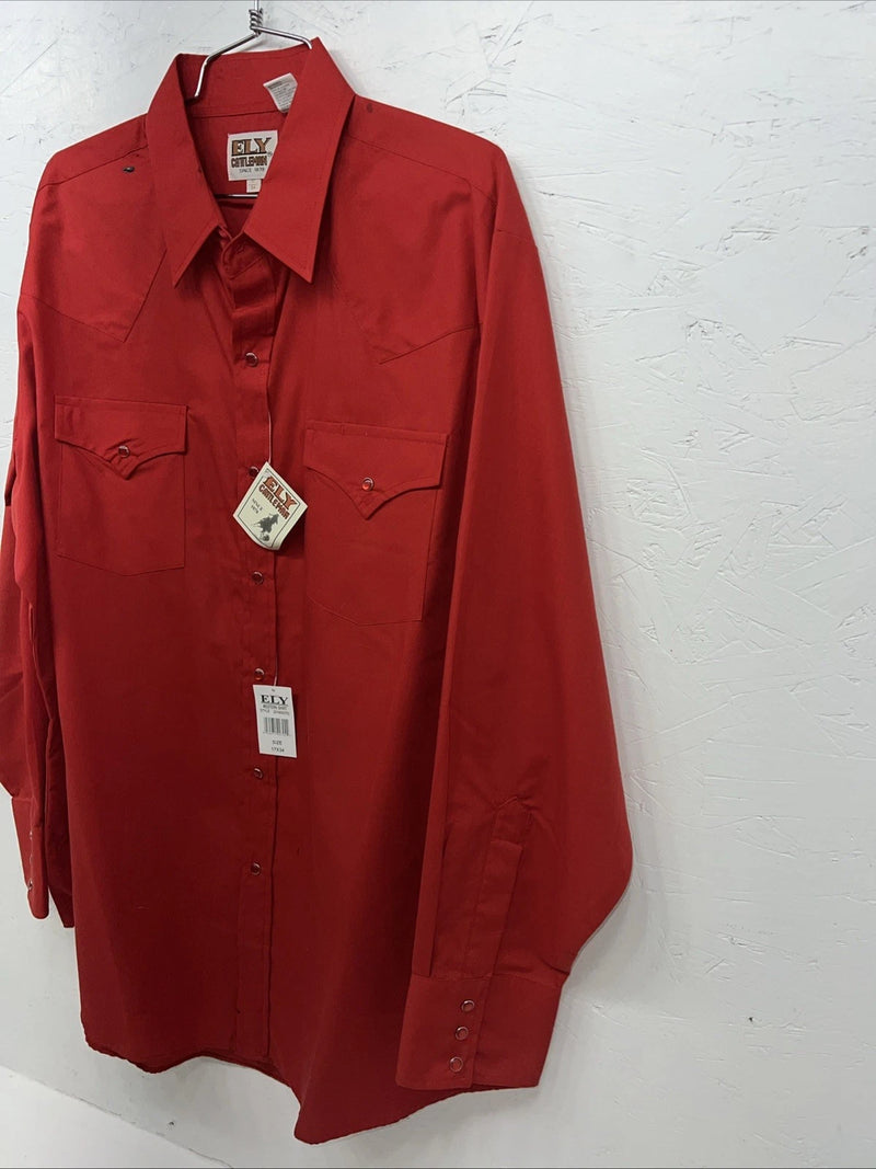 New Men’s Red ELY Cattleman Long Sleeve Pearl Snap Shirt. 17x34 XL S-18