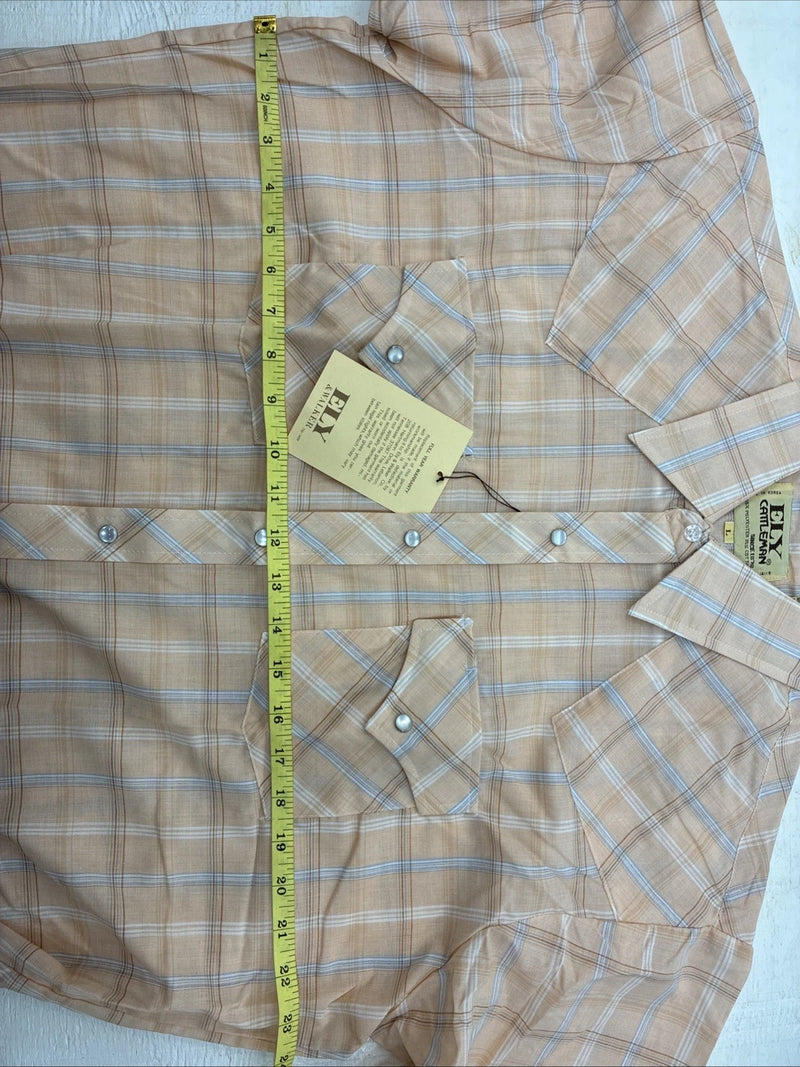 New Men’s ELY Cattleman Orange Plaid Short Sleeve Pearl Snap Large CC-68