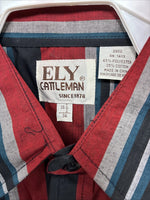 New Men’s ELY Cattleman Red Black Stripe Long Sleeve Pearl Snap 16.5 Large Q-33