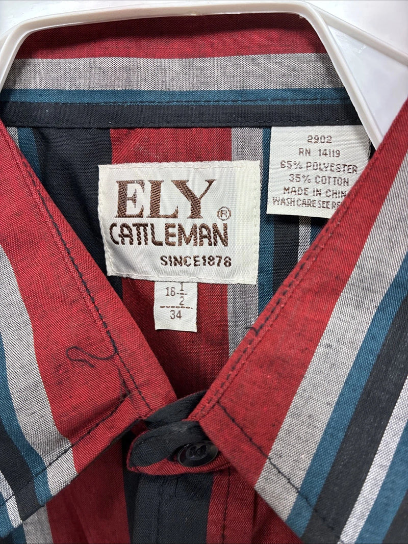 New Men’s ELY Cattleman Red Black Stripe Long Sleeve Pearl Snap 16.5 Large Q-33