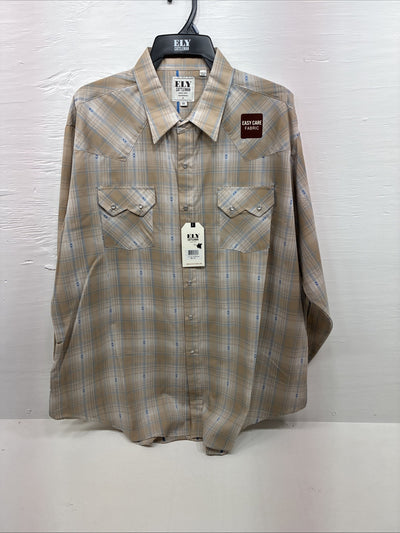 New Men’s ELY Cattleman Beige Flannel Design Long Sleeve Pearl Snap 2XL F-91