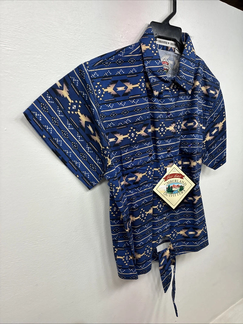 New Women’s Cumberland Blue Dosages Short Sleeve Pearl Snap Large MM-137