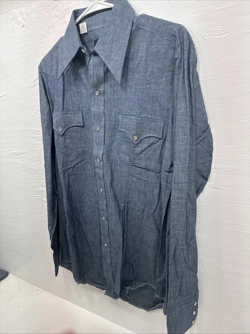 New Men’s Champion Western Jean Design Blue Long Sleeve Pearl Snap Medium M-29