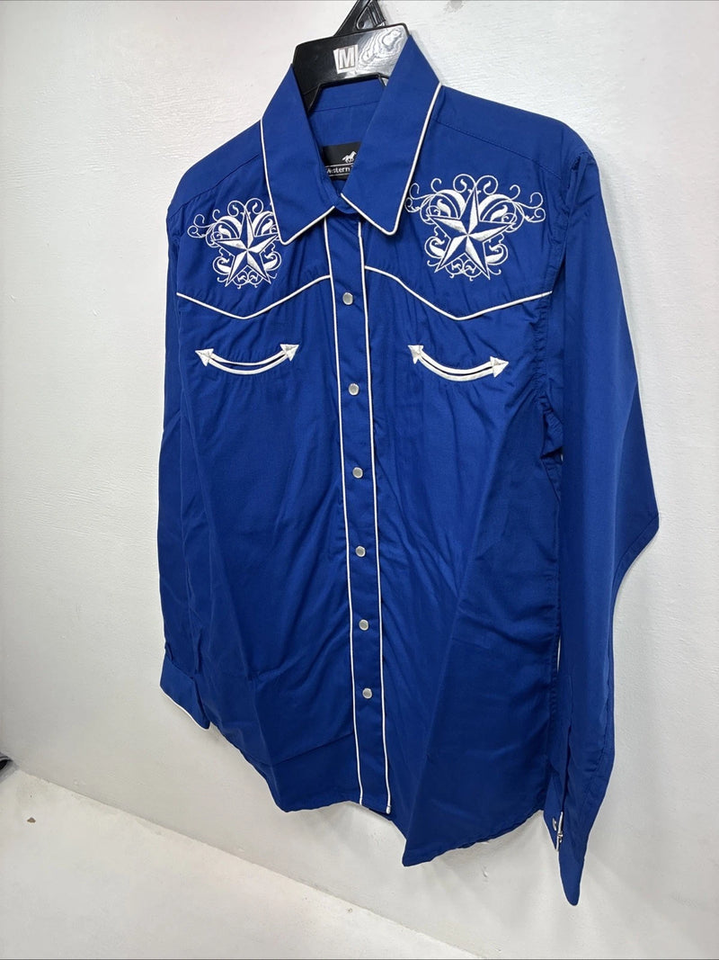 New Women’s Western Express Blue Design Long Sleeve Pearl Snap Medium LL-68