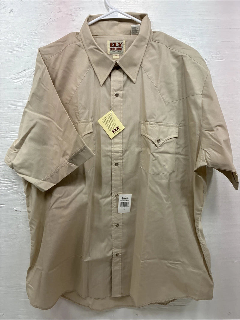 New Men’s ELY cattleman Tan Simple Short Sleeve Pearl Snap 18 2XL H-31