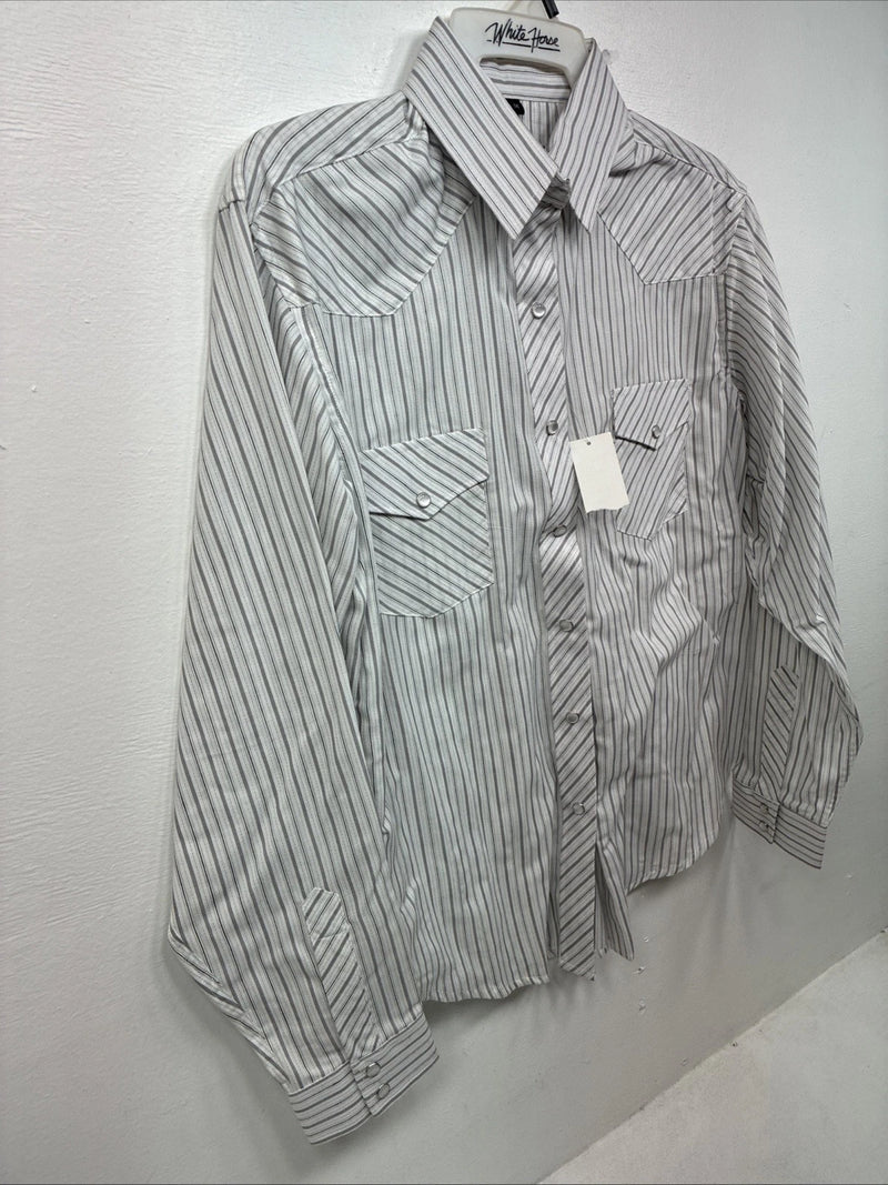 New Women’s White Horse Gray Stripe Long Sleeve Pearl Snap Medoum LL-105