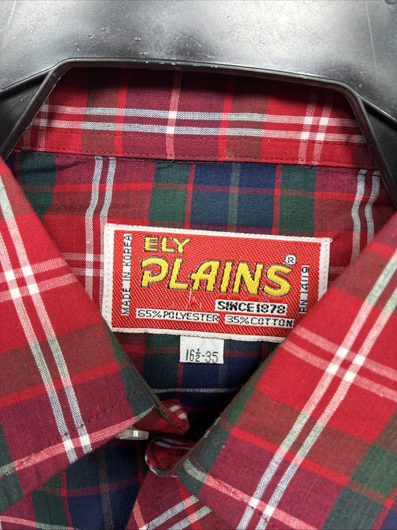 New Men’s ELY Plains Red Plaid Long Sleeve Pearl Snap 16.5 X 35 Large K-78