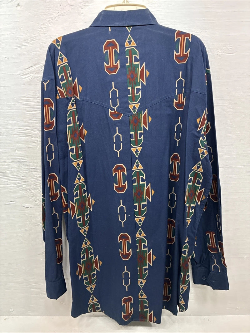 New Men’s GunSmoke Blue Western Design Long Sleeve Button Up XL O-40