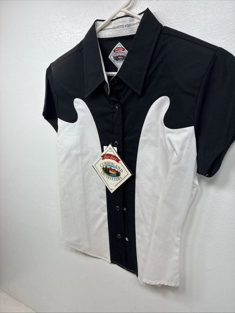New Women’s Cumberland Black White Short Sleeve Pearl Snap Small TT-108