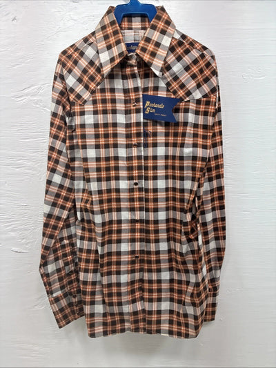 New Men’s Panhandle Slim Orange Brown Plaid Long Sleeve Pearl Snap Small J-65