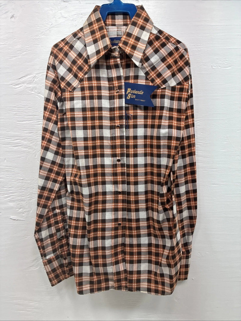 New Men’s Panhandle Slim Orange Brown Plaid Long Sleeve Pearl Snap Small J-65