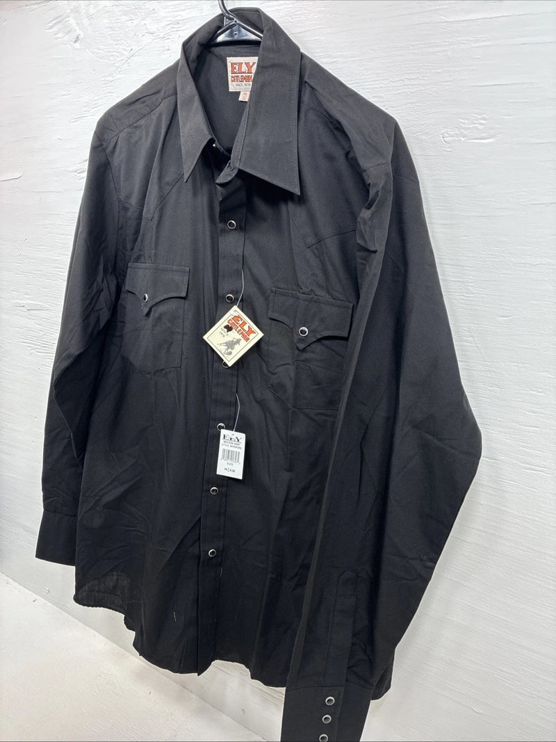 New Men’s ELY Cattleman Black Long Sleeve Pearl Snap 16.5 X 36 Large AA-5 