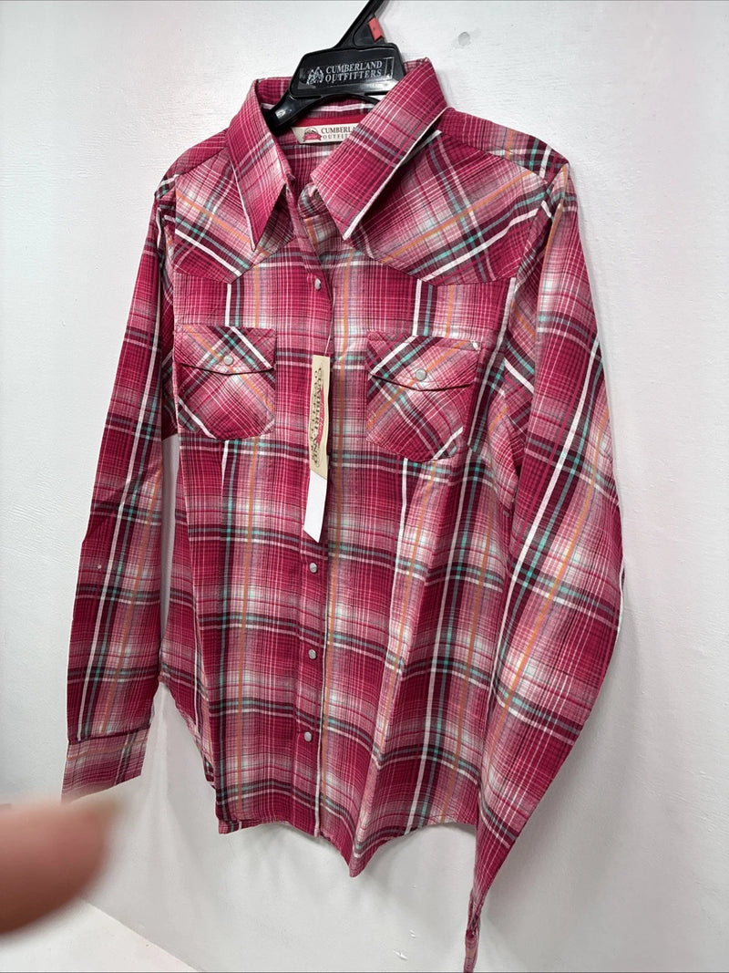 New Women’s Cumberland Pink plaid Long Sleeve Pearl Snap Small DD-98