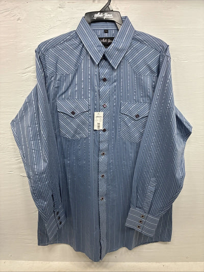 New Men’s White Horse Blue Designed Long Sleeve Pearl Snap Large CC-32