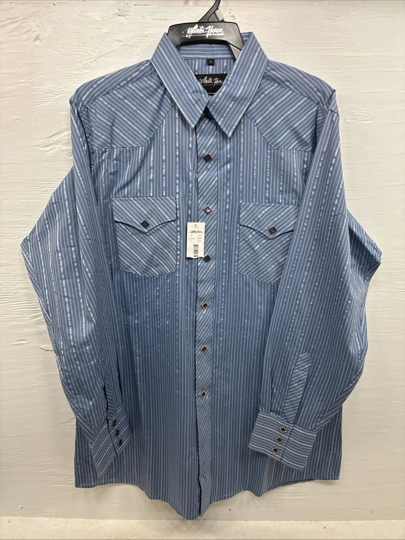 New Men’s White Horse Blue Designed Long Sleeve Pearl Snap Large CC-32