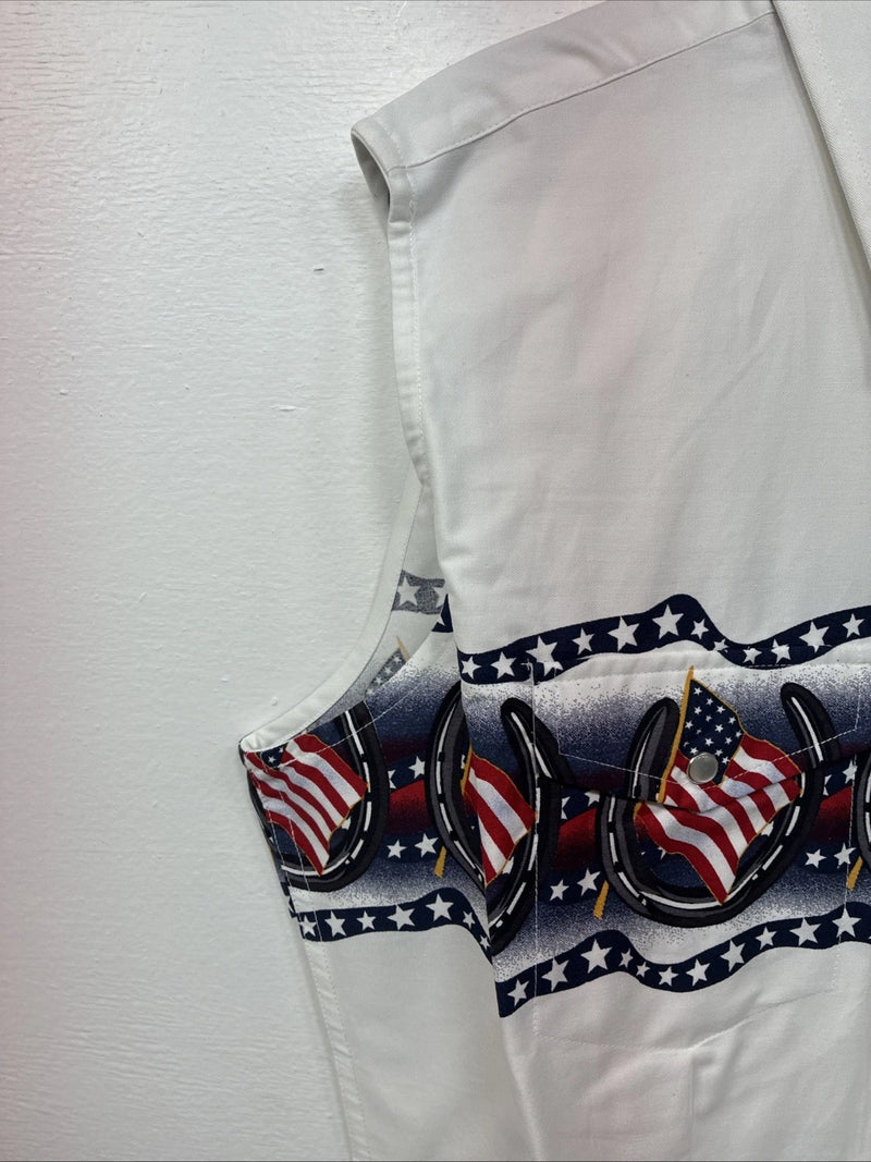 New Women’s Cumberland White Flag Design Short Sleeve Pearl Snap Large II-67