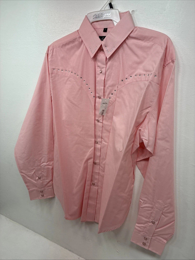 New Women’s White Horse Pink Gem Long Sleeve Pearl Snap Large II-75