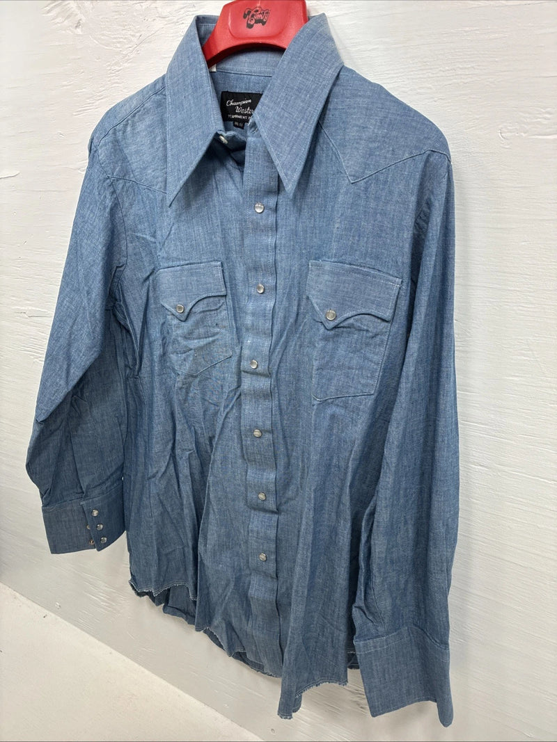 New Men’s Champion Western Blue Jean Long Sleeve Pearl Snap 16.5 Large AA-26