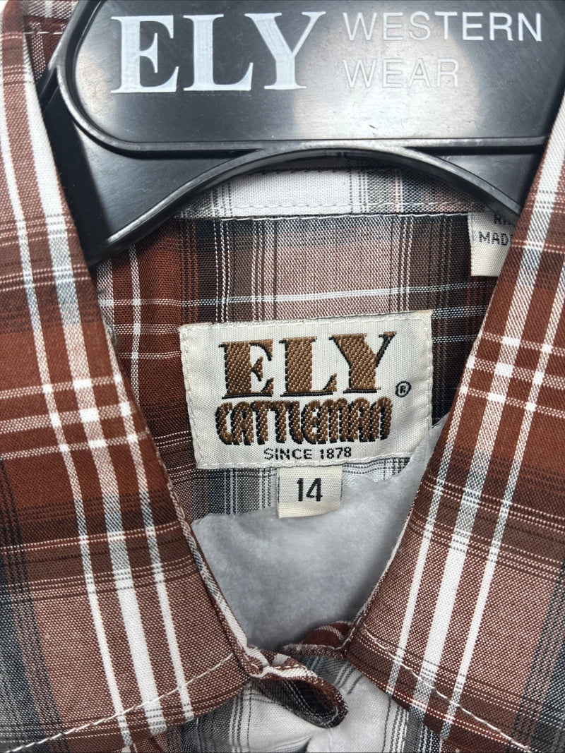 New Kids ELY Cattleman Orange Plaid Long Sleeve Pearl Snap Size 14 DD-38