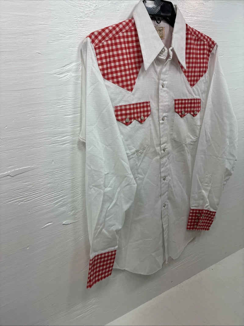 New Men’s Dee-Cee White Red Long Sleeve Pearl Snap 15 Medium AA-9