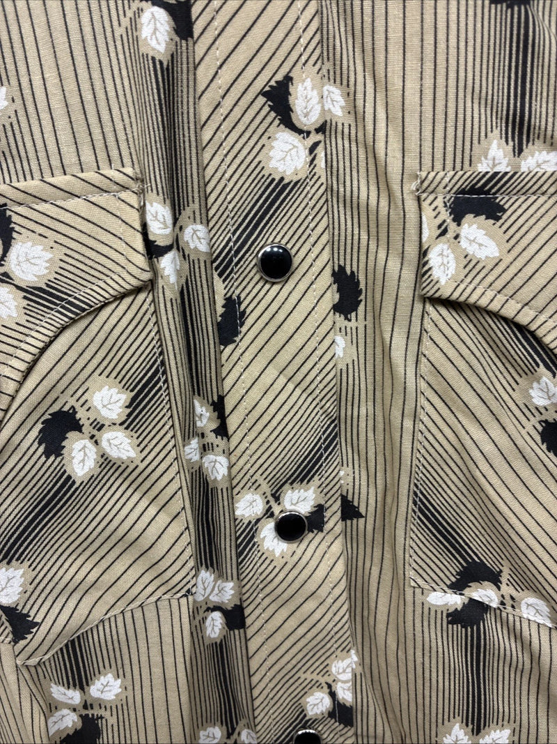 New Men’s ELY Plains Tan Black Floral Long Sleeve Pearl Snap 15.5 Large LL-91