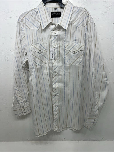 New Mens White Stripped White House Pearl Snap Long Sleeve Shirt. XXL G-63