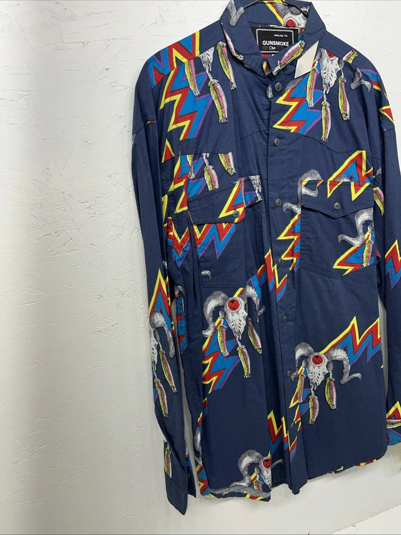 New Men’s Gunsmoke Multicolor skull Button Up Long Sleeve Shirt Medium I-42