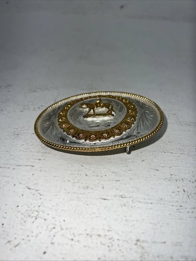 New Women’s Gold Silver Horse Rider Oval Belt Buckle. Flower Boarder F-15