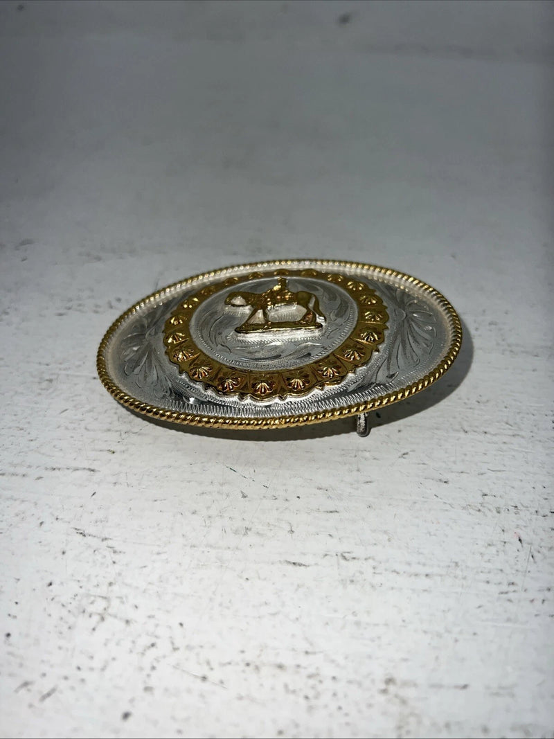 New Women’s Gold Silver Horse Rider Oval Belt Buckle. Flower Boarder F-15